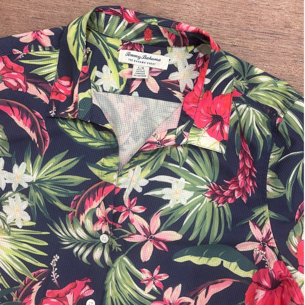 Tommy Bahama The Bahama Coast Tropical Floral Button Front Shirt Navy L